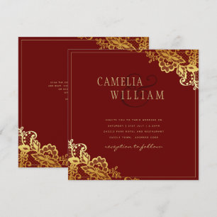 Convites Convidações Douradas de Casamento de Lace Burgundy