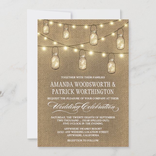 Convites Convidações para Casamento com Mason Jar Burlap (Frente)