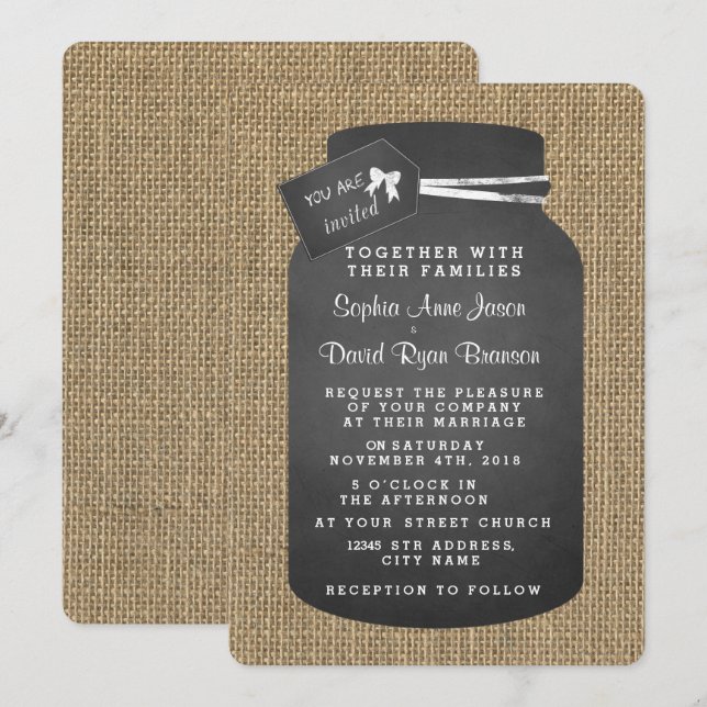 Convites Convidações para Casamento de Mason Jar Burlap (Frente/Verso)
