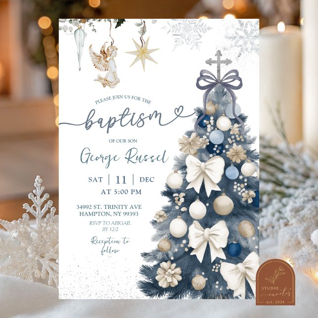 Convites Convidada de Inverno Azul com Laço de Natal Batism (Criador carregado)