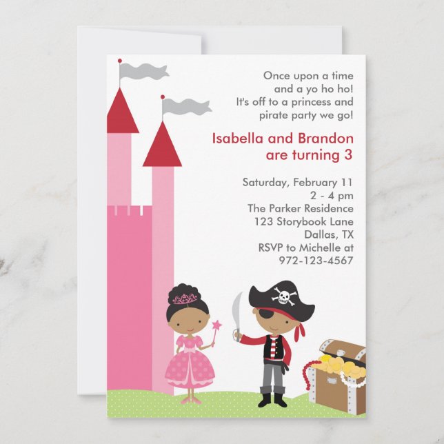 Convites Convidado Africano Americano Princesa e Pirata (Frente)
