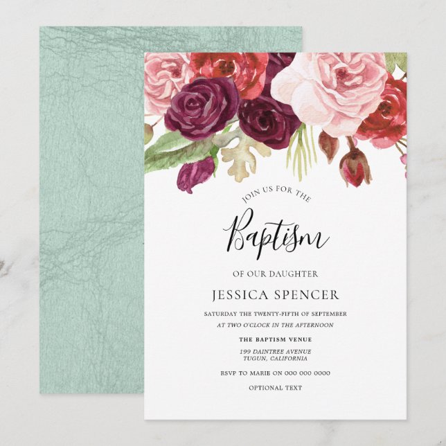 Convites Convidado Burgundy Blush & Mint Floral Baptism (Frente/Verso)