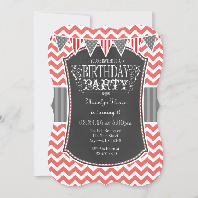 Convites Convidado Coral Chalkboard Chevron Birthday (Frente)