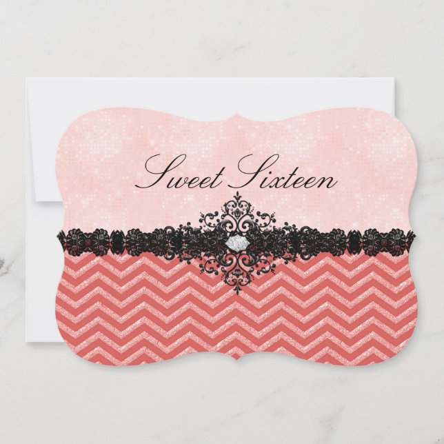 Convites Convidado Coral Glitter Chevron & Damask Sweet16 (Frente)