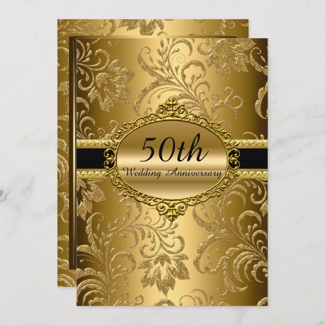 Convites Convidado de 50 anos de casamento Dourado Floral (Frente/Verso)