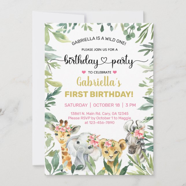 Convites Convidado de aniversário de uma menina de animais  (Frente)