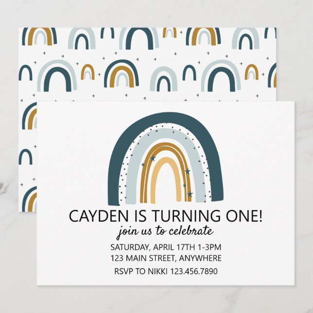 Convites Convidado de aniversário do Rainbow Blue e Brown (Frente/Verso)