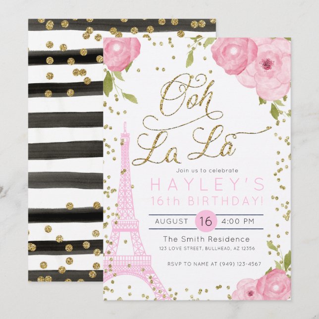 Convites Convidado de aniversário Dourado Pink Torre Eiffel (Frente/Verso)