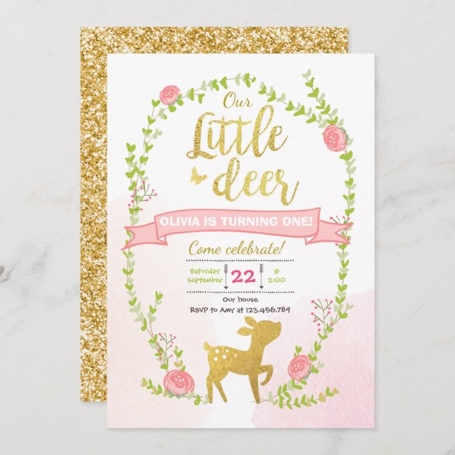 Convites Convidado de aniversário para Menina Rosa Dourada  (Frente/Verso)