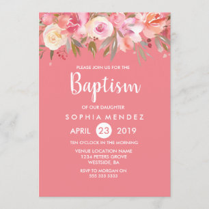 Convites Convidado de Batismo de Aquarelas de Coral Rosa
