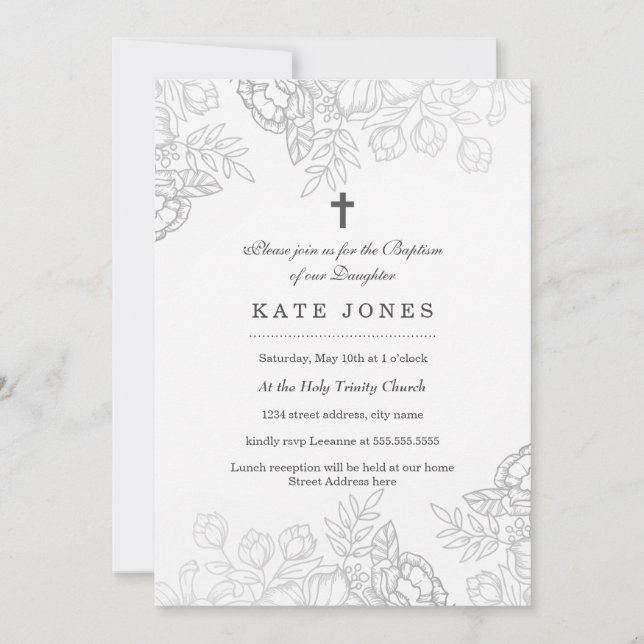 Convites Convidado de Batismo Floral de Silver Vintage Eleg (Frente)