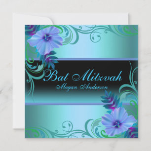 Convites Convidado de Brilho de Flor Azul e Roxo Mitzvah