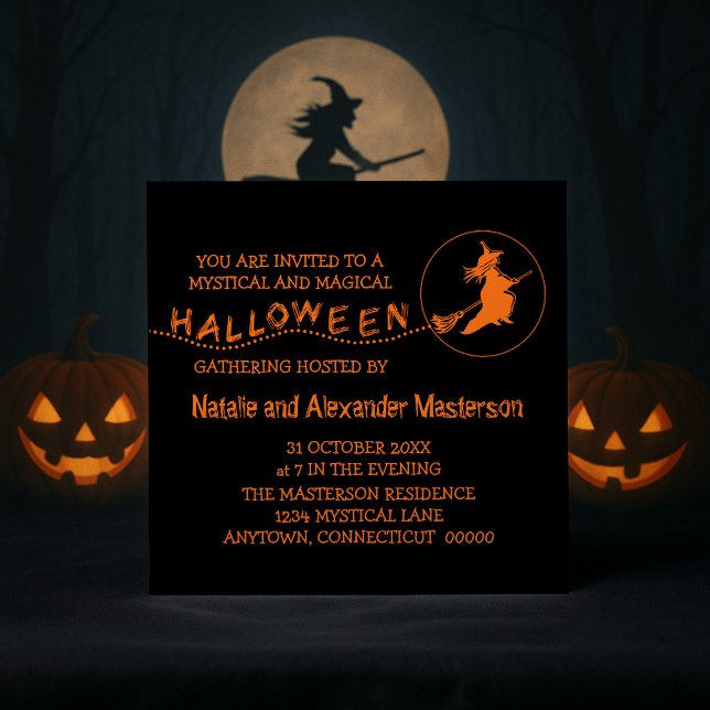 Convites Convidado de bruxas voadoras, preto e laranja (Black and Orange Flying Witch Halloween Party Invite)