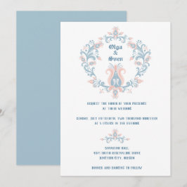 Convites Convidado de Casamento Azul e Blush de Arte Folcló
