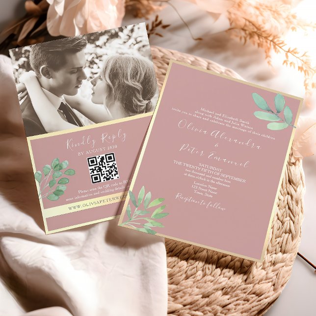 Convites Convidado de Casamento QR Dusty Rosa Greenery (Criador carregado)