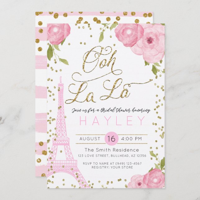 Convites Convidado de Chá de panela Dourado Rosa Eiffel Tor (Frente/Verso)