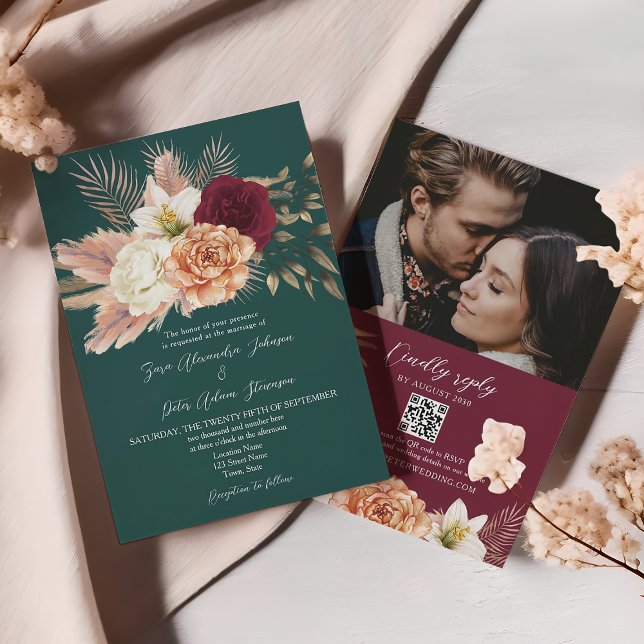 Convites Convidado de Código QR para Casamento Floral de Em (Criador carregado)