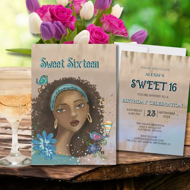 Convites Convidado de Festa de aniversário Afro-Americano S ( Afro-American Girl Sweet 16 Birthday Party Invite)