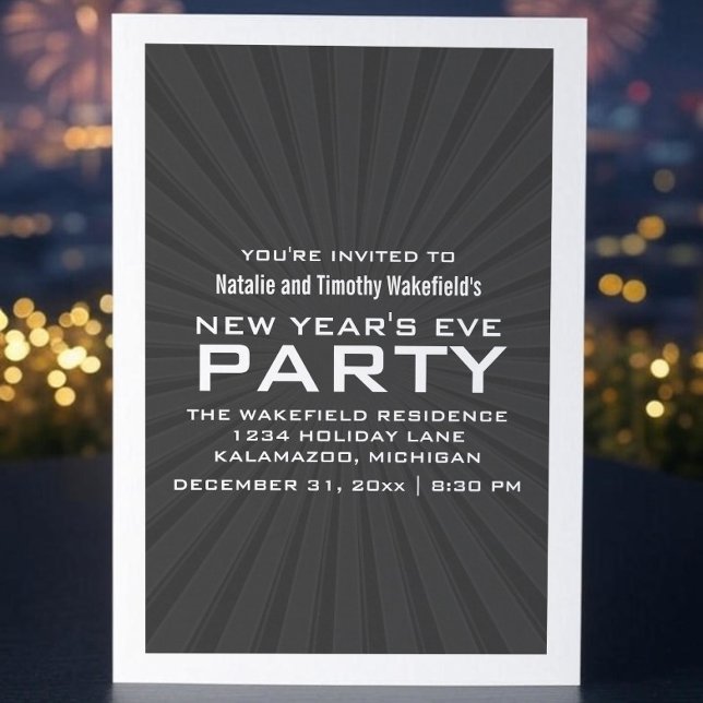 Convites Convidado de Festa de Ano Novo para Estrelas de ci (Gray Starburst Stripes New Years Party Invite)
