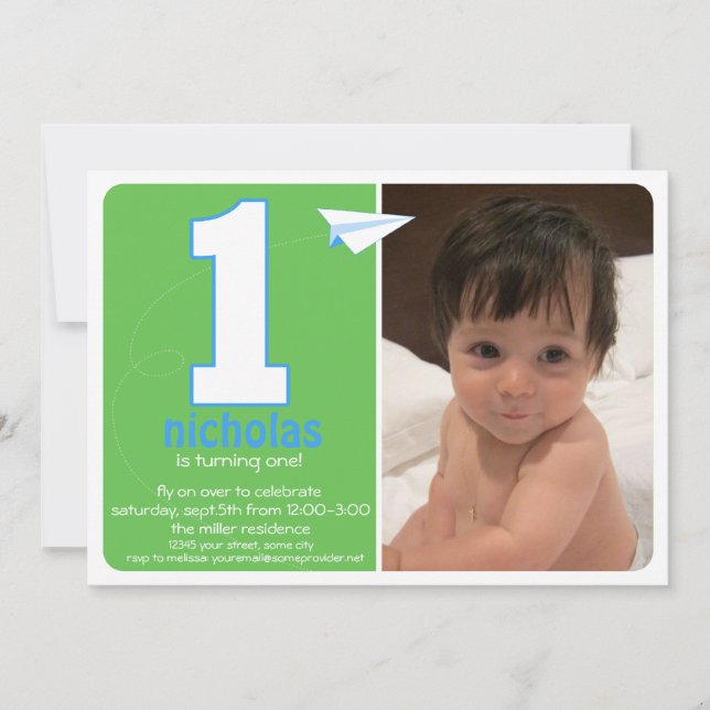 Convites Convidado de Fotos de Um Ano para Avião de Papel H (Frente)