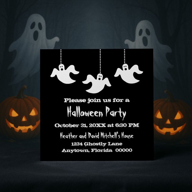 Convites Convidado de Halloween para Fantasmas Incríveis, P (Black Hanging Ghosts Halloween Party Invitation)