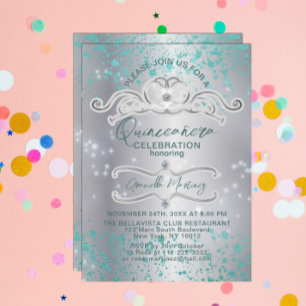 Convites Convidado de Teal Silver Jeweled Tiara Quinceañera