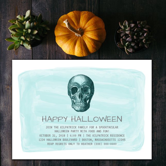 Convites Convidado do Festa de Halloween de Aqua Watercolor (Aqua Watercolor Skull Halloween Party Invite)