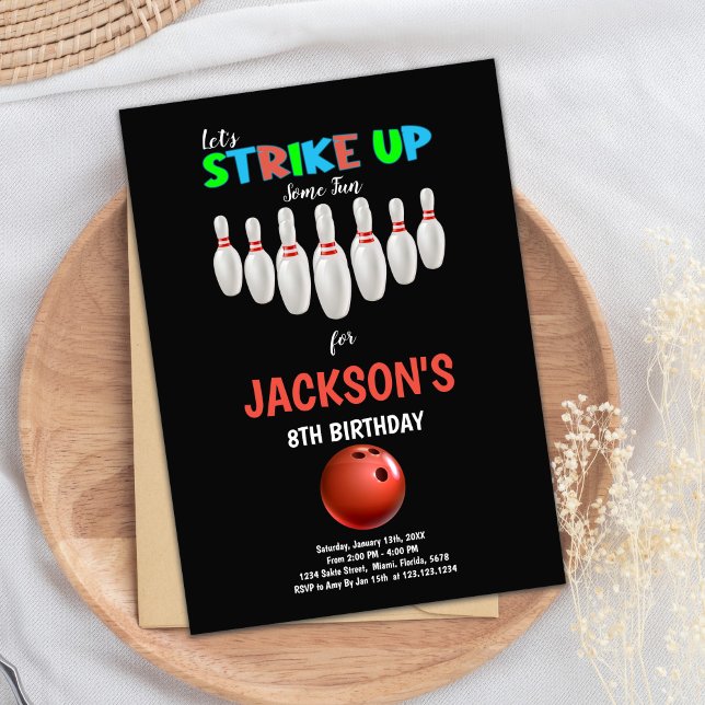 Convites Convidado do Grupo de Greve de Crianças Editáveis (Black Background Bowling Birthday Invitations)
