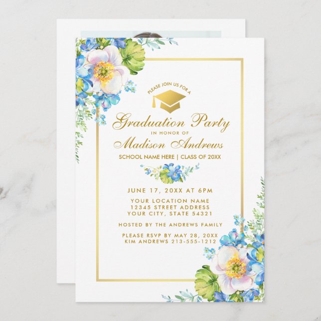 Convites Convidado do Partido do Formando Floral Azul Doura (Frente/Verso)