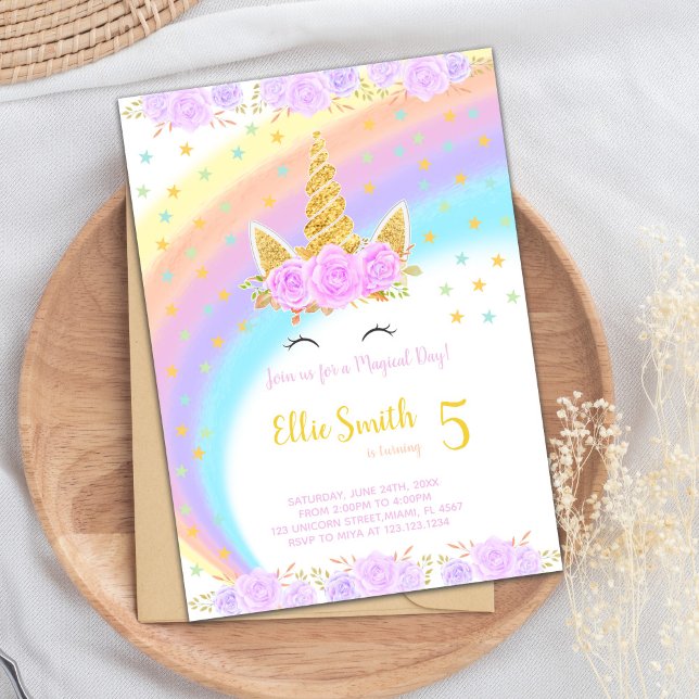 Convites Convidado do Partido Magia e Colorida (Floral Rainbow Unicorn Birthday Invitations)