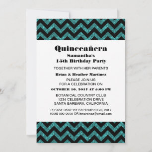 Convites Convidado do Partido Turquoise Chevron Glitter Qui