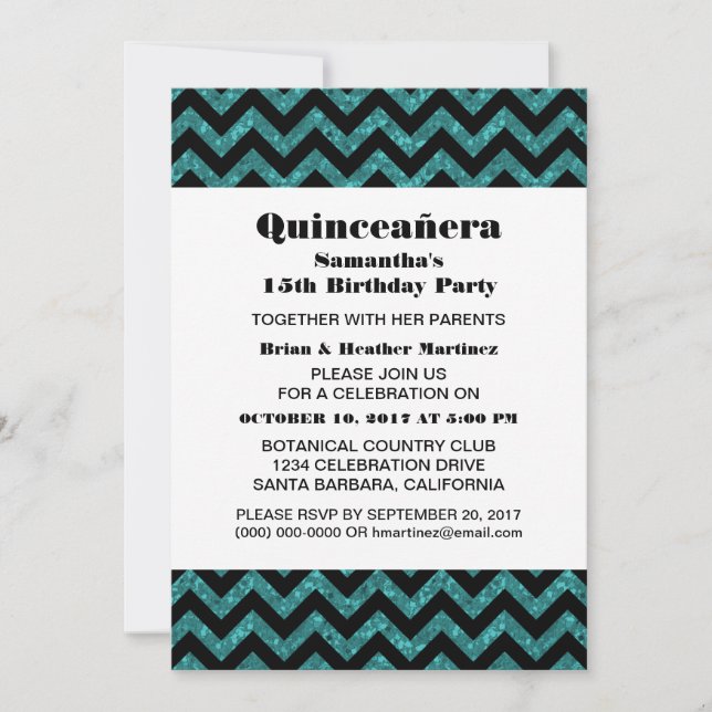 Convites Convidado do Partido Turquoise Chevron Glitter Qui (Frente)