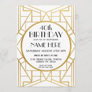 Convites Convidado Dourado Art Deco Birthday Gatsby de 1920