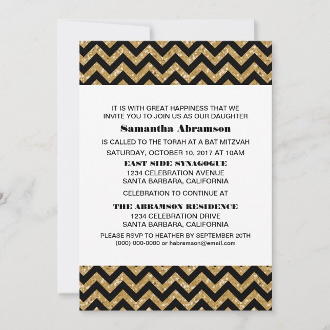 Convites Convidado Dourado Chevron Glitter Bat Mitzvah (Frente)