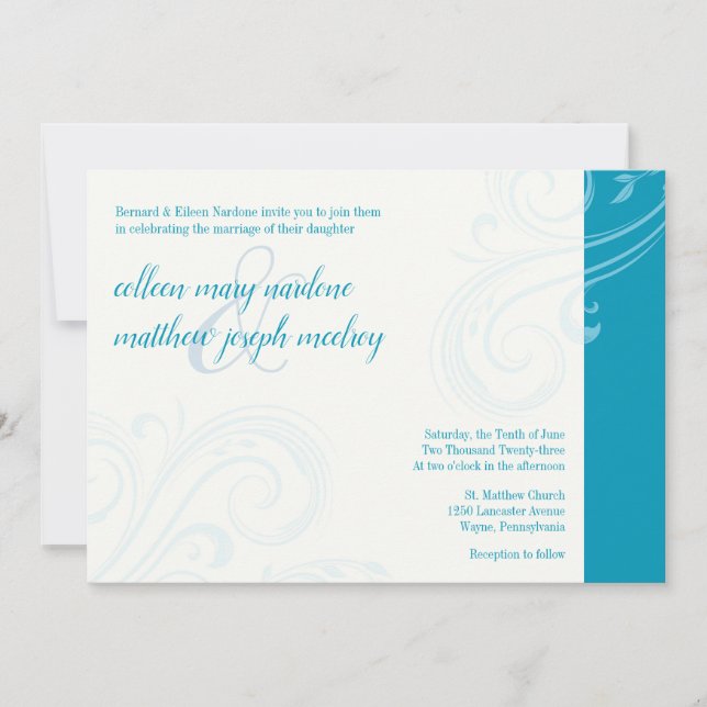 Convites Convidado Elegante Aqua, Caroline Wedding (Frente)