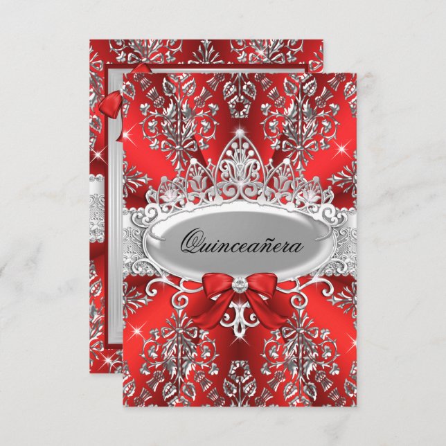 Convites Convidado Elegante Red Silver Tiara Damask Quincea (Frente/Verso)