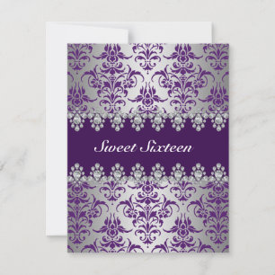 Convites Convidado Elegante Roxo & Silver Damask Sweet16