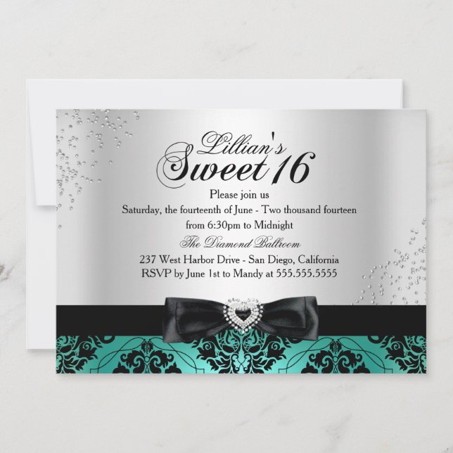 Convites Convidado Jade Black Damask Sparkle Sweet 16 (Frente)