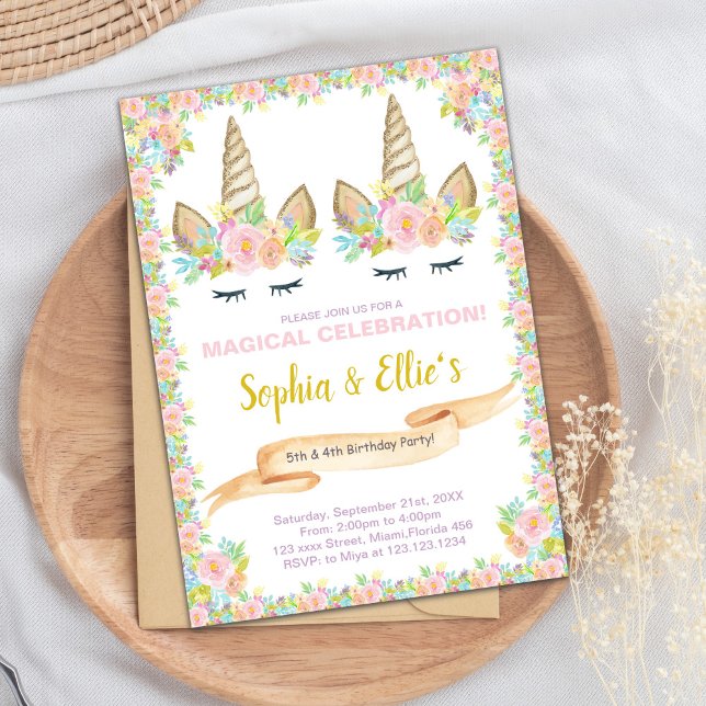 Convites Convidado Mágico para Raparigas Gêmeas (Twin Floral Unicorn Birthday Invitations)