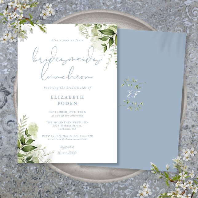 Convites Convidado para Almoço das Damas de Honra Verdejant (Greenery Bridesmaids Luncheon Dusty Blue Invitation)