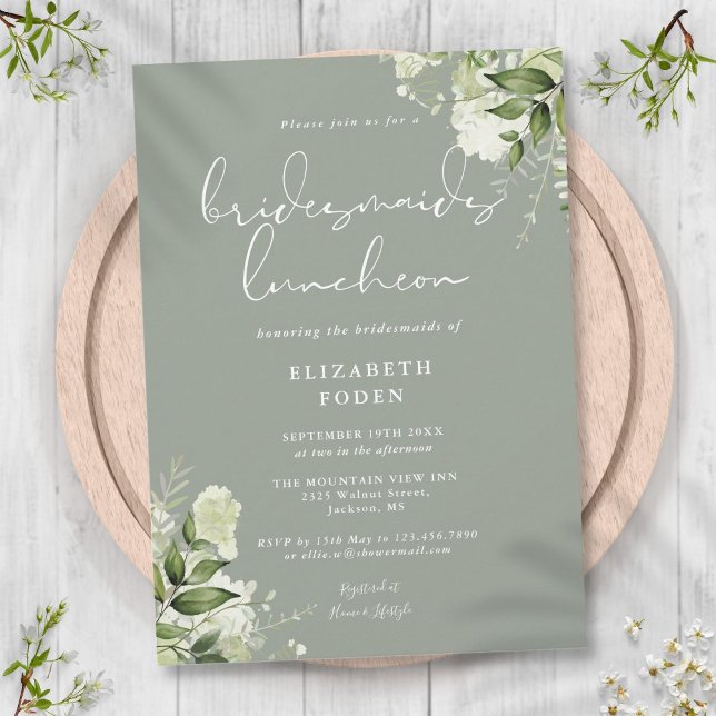 Convites Convidado para Almoço de Damas de Honra em Verde S (Sage Green Floral Bridesmaids Luncheon Invitation)