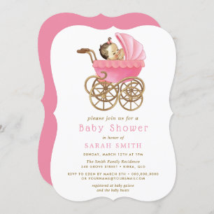 Convites Convidado para Chá de fraldas rosa com carrinho