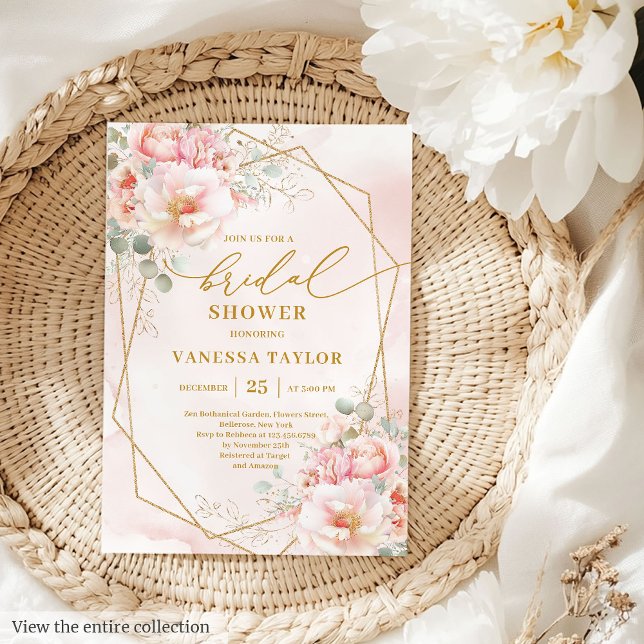 Convites Convidado para Chá de panela de Quadro Dourado do  (Elegant Boho Blush Gold Frame Bridal Shower Invitation)
