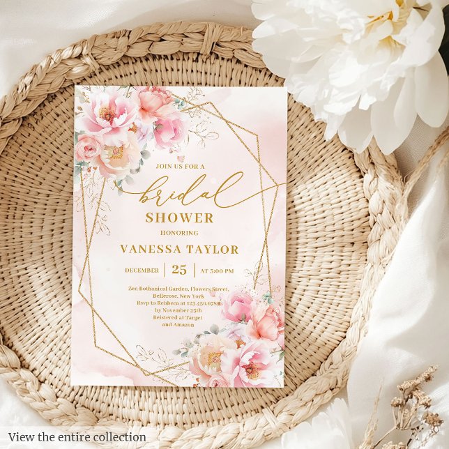 Convites Convidado para Chá de panela Floral Dourado Blush  (Luxury Boho Blush Gold Floral Bridal Shower Invitation)
