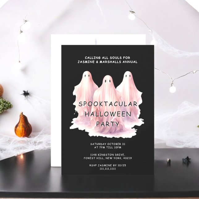 Convites Convidado para Festa de Festa de Halloween, um fan (fun three pink ghost halloween costume party invitation)