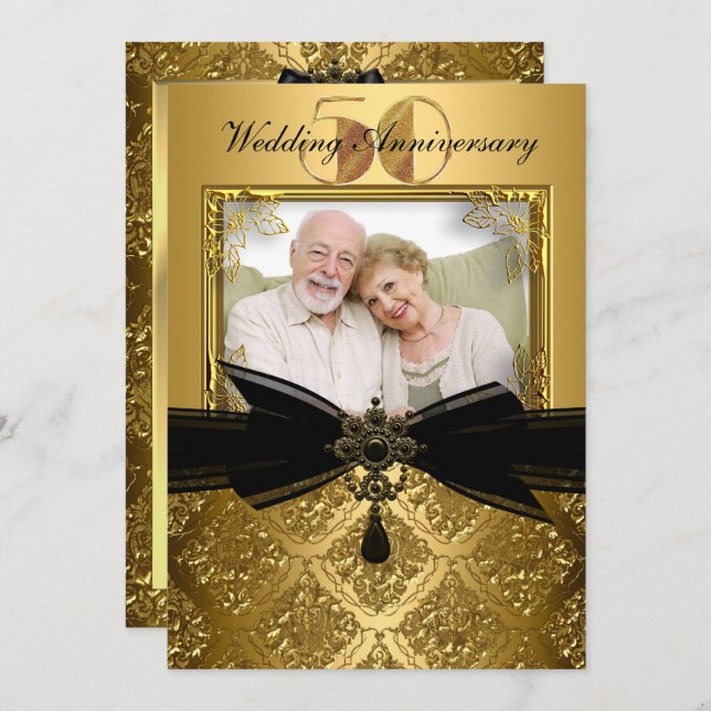 Convites Convidado para Foto do Damasco Negro Dourado, 50 a (Frente/Verso)