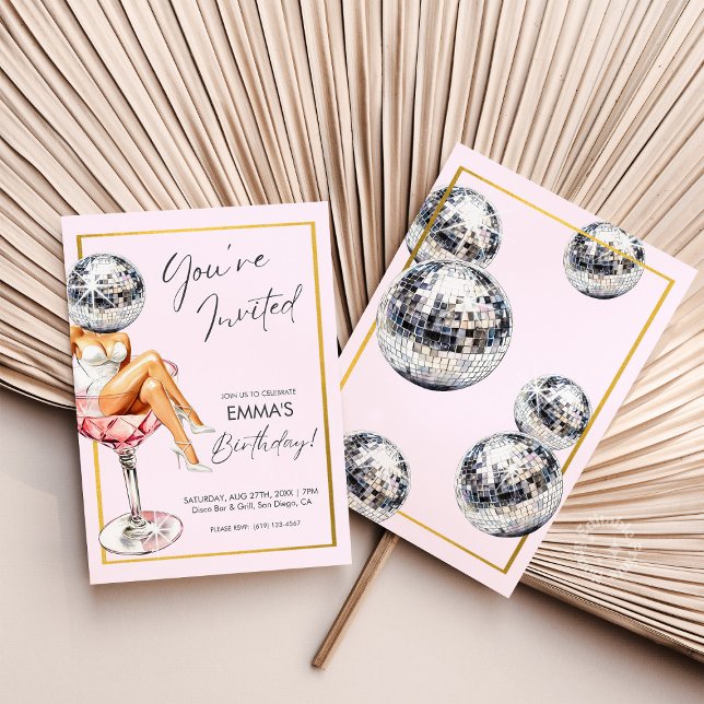 Convites Convidado para Garota Disco no Vidro Cocktail (Disco Girl in Cocktail Glass Birthday Invite)
