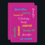 Convites Convidado, Personalizado, Nomes Rosa De 16 Festas<br><div class="desc">Que Convite de festas 16 maravilhoso e divertido! Na frente, seu texto se repete em diferentes fontes e cores em um fundo rosa quente. No verso, os detalhes do evento. É fácil modificar NOME, TEXTO e DETALHES na frente e atrás. A borda dimensionada opcional adiciona à diversão! Todos os Direitos...</div>