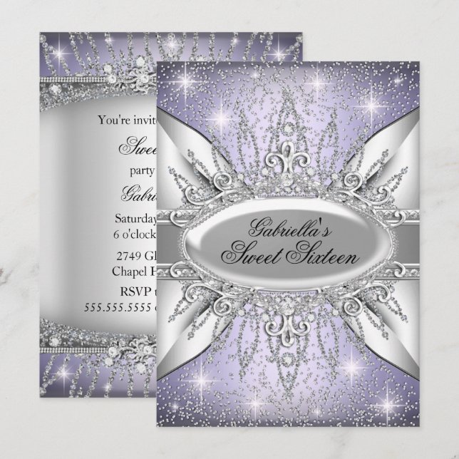 Convites Convidado Purple & Silver Sparkle Diamond Sweet 16 (Frente/Verso)