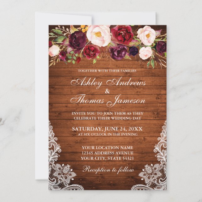 Convites Convidado Rustic Wedding Floral Wood Lace (Frente)